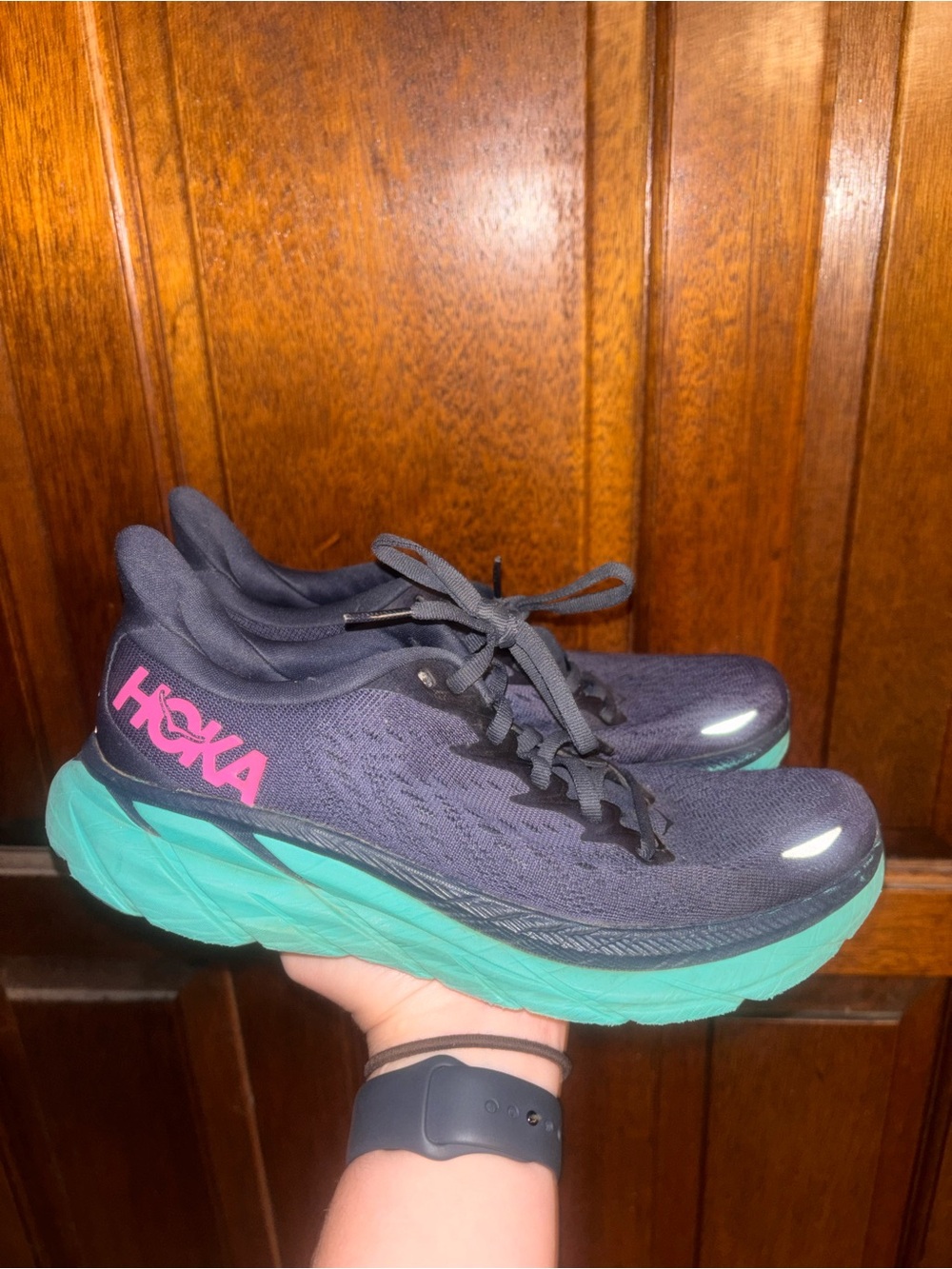 HOKA One One Clifton 8 Navy/Teal/Pink Running Shoes Sneakers Size 7B